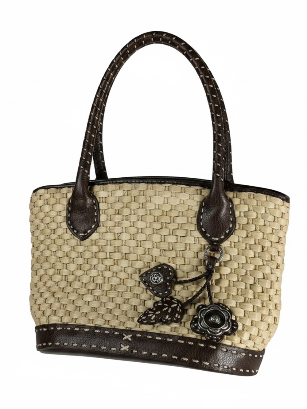 Brighton Straw Leather Basket Tote Bag Whipstitch Heart Charms Floral Butterfly